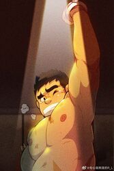  &gt;:( ... 1boy abs arm_up armpits auction bad_id bad_weibo_id bara belly gag highres improvised_gag large_pectorals male_focus muscular muscular_male nipples nude original pectorals plump r.l_(2089184064) short_hair sideburns solo spotlight stomach tape tape_gag tearing_up thick_eyebrows upper_body v-shaped_eyebrows 