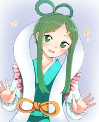  absurdres alternate_costume alternate_hairstyle cosplay female frills green_eyes green_hair hagoromo hair_rings highres japanese_clothes kaisenpurin kimono obi orihime_(tanabata) orihime_(tanabata)_(cosplay) sash shawl short_hair short_hair_with_long_locks solo tanabata teireida_mai touhou waving 