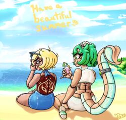  2019 accessory amalie_acari_(character) animal_humanoid anklet arachnid arachnid_humanoid arthropod arthropod_humanoid beach beverage bikini blonde_hair chelicerae clothed clothing digital_media_(artwork) duo eyebrows female gem green_eyes green_hair hair humanoid jewelry jgdraws_(artist) lussi_vyes lussi_vyes_(character) multi_eye purple_eyes ring scorpion_humanoid scorpion_tail seaside shell short_stack smile stripes swimwear thick_eyebrows thick_thighs umbrella 