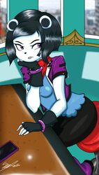  absurd_res anthro bear black_hair black_nose breasts clothed clothing female fingerless_gloves freedom_planet fur galaxytrail giant_panda gloves hair handwear hi_res mammal neera_li purple_eyes ses_loera_lopez solo white_body white_fur 