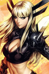  black_gloves blonde_hair blue_eyes breasts cleavage cleavage_cutout closed_mouth clothing_cutout crop_top fake_horns female gloves highres horns illyana_rasputina long_hair magik_(x-men) marvel medium_breasts midriff shoulder_spikes signature smile spikes stanley_lau x-men 