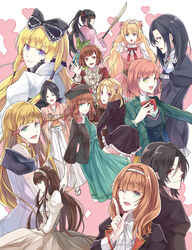  6+girls amnesia_(idea_factory) black_bow black_hair black_headwear black_skirt black_wolves_saga blonde_hair blue_eyes bow brown_dress brown_eyes brown_hair brown_skirt clock_zero closed_eyes closed_mouth company_connection cup dance_with_devils danzai_no_maria diabolik_lovers dress eikoku_tantei_mysteria emily_whiteley fiona_galland flower food geta green_dress green_eyes green_sash grey_eyes hair_flower hair_ornament hair_tubes hairband hairbow hakuouki_shinsengumi_kitan hana_awase hat hat_flower hat_ornament heart heroine_(amnesia) holding holding_polearm holding_tray holding_weapon japanese_clothes jooubachi_no_oubou kaguya_(jooubachi_no_oubou) kayo_(ken_ga_kimi) ken_ga_kimi kimono komori_yui kurou_nadeshiko long_hair mary_crow menou_(jooubachi_no_oubou) mikoto_(hana_awase) multiple_girls naginata nanami_haruka obi one_eye_closed open_mouth pink_dress pink_kimono pointing pointing_at_viewer polearm ponytail purple_eyes red_bow red_eyes sash school_uniform shion_(56590311) sidelocks skirt smile sweater_vest tabi tachibana_ritsuka trait_connection tray uta_no_prince-sama weapon yukimura_chizuru 