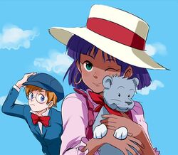  blue_eyes boater_hat brown_hair butanoketu_gto closed_mouth cloud dark-skinned_female dark_skin earrings female fushigi_no_umi_no_nadia glasses hat jean_roque_lartigue jewelry king_(nadia) looking_at_viewer nadia_la_arwall one_eye_closed short_hair smile 