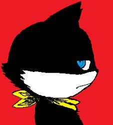  anthro atlus bandana bandanna_only black_body black_fur black_nose blue_eyes domestic_cat felid feline felis fur kerchief kerchief_only low_res male mammal megami_tensei megami_tensei_persona morgana_(persona) mostly_nude persona_(series) persona_5 red_background rhonbon sega side_view simple_background solo tuxedo_cat white_body white_fur 