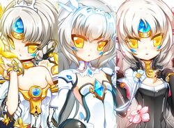  3girls :o bad_id bad_pixiv_id bracelet braid code:_battle_seraph_(elsword) code:_empress_(elsword) code:_nemesis_(elsword) collar detached_collar detached_sleeves elsword eve_(elsword) flat_chest flower forehead_jewel grey_hair jewelry long_hair looking_at_viewer multiple_girls multiple_persona multiple_views off-shoulder_shirt off_shoulder parted_lips pink_flower poseich shirt tiara upper_body white_collar white_shirt yellow_eyes 