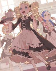  3girls apron beatrice_(re:zero) blonde_hair blue_eyes blue_hair butterfly-shaped_pupils commentary_request cup dress drill_hair eating eyelashes food food_on_face frills from_below green_eyes hair_ribbon highres holding long_hair long_sleeves maid maid_headdress meili_portroute multiple_girls open_mouth orange_hair pantyhose parupin petra_leyte re:zero_kara_hajimeru_isekai_seikatsu red_ribbon ribbon roswaal_mansion_maid_uniform shoes short_hair sweatdrop symbol-shaped_pupils teacup teapot teeth tongue tray twin_drills upper_teeth_only v-shaped_eyebrows waist_apron white_pantyhose 