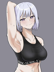  armpits black_sports_bra breasts closed_mouth collarbone female girls&#039;_frontline grey_background grey_hair hand_on_own_head highres looking_at_viewer medium_breasts medium_hair purple_eyes rpk-16_(girls&#039;_frontline) smile solo sports_bra sportswear sweat sweatdrop tewaki 