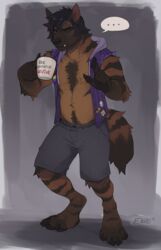  2022 absurd_res anthro barefoot belly body_hair bottomwear brown_hyena chest_hair clothed clothing container cup digitigrade enro_the_mutt eyebrows feet hi_res hoodie hyena male mammal marrow_(sebastiansb) mug open_clothing open_shirt open_topwear shirt shorts slightly_chubby solo stripes topwear 