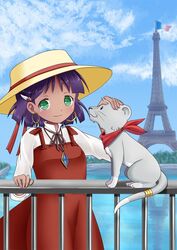  boater_hat bororo_(borologue) closed_mouth dark-skinned_female dark_skin dress earrings eiffel_tower female fushigi_no_umi_no_nadia hair_ornament hairclip hat jewelry king_(nadia) lion looking_at_viewer nadia_la_arwall necklace purple_hair short_hair 