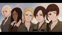  5girls :| ace_combat ace_combat_04 ace_combat_5 ace_combat_7 artist_name black_hair black_necktie blonde_hair blue_eyes blunt_bangs bomber_jacket brown_eyes brown_hair brown_jacket brownie_(ace_combat_7) closed_mouth collarbone commentary earrings elke_van_dalsen english_commentary eyebrows fur_collar grin hair_pulled_back highres huxian jacket jewelry kei_nagase leather leather_jacket letterboxed lineup lip_piercing long_hair looking_at_viewer multiple_girls necktie one_eye_closed parted_bangs partially_unzipped photoshop_(medium) piercing ponytail shirt short_hair sidelocks skyleranderton smile strap t-shirt upper_body white_shirt yellow_4 