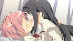  akemi_homura banned_artist black_hair blush closed_eyes hair_ribbon hairband highres kaname_madoka kissing long_hair lying mahou_shoujo_madoka_magica moritan multiple_girls non-web_source on_back pink_hair ribbon saliva twintails yuri 