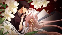  1boy black_eyes black_hair commentary_request couple dress emiya_kiritsugu facial_hair fate/zero fate_(series) female flower hand_on_another&#039;s_chin hand_on_another&#039;s_shoulder hug husband_and_wife imminent_kiss irisviel_von_einzbern irisviel_von_einzbern_(angel&#039;s_song) lily_(flower) long_hair nibaji straight stubble white_flower white_hair white_lily 