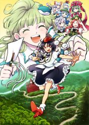  6+girls black_hair blue_hair braid camera clenched_hand closed_eyes commentary_request double_v frog_hair_ornament fujiwara_no_mokou geta gohei green_eyes green_hair grey_hair hair_bobbles hair_ornament hair_tubes hat hong_meiling izayoi_sakuya kagiyama_hina kamishirasawa_keine kawashiro_nitori kochiya_sanae long_hair maid_headdress multiple_girls red_eyes red_hair scarlet_devil_mansion shameimaru_aya shinoasa short_hair skirt smile star_(symbol) tengu-geta tokin_hat touhou twin_braids two_side_up v wings 