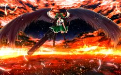  alternate_weapon arm_cannon bandages black_thighhighs black_wings boots bow brown_hair cape cloud commentary_request feathers female green_bow green_skirt hairbow highres large_wings long_hair nekominase red_eyes reiuji_utsuho shirt skirt sky solo space sparks sunset thighhighs third_eye touhou weapon wings zettai_ryouiki 