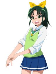  a1_(initial-g) bow female green_eyes green_hair green_necktie green_sweater_vest hairbow midorikawa_nao nanairogaoka_middle_school_uniform necktie open_mouth photoshop_(medium) precure school_uniform short_hair skirt sleeves_rolled_up smile_precure solo sweater_vest 