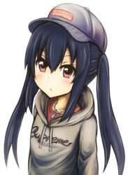  baseball_cap black_hair blush brown_eyes chains clothes_writing collarbone commentary_request female hat hood hoodie k-on! long_hair md5_mismatch nakano_azusa resolution_mismatch simple_background solo source_smaller tanashi_(mk2) twintails white_background 