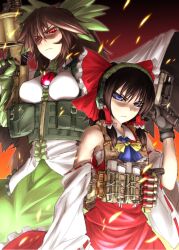  2girls alternate_eye_color bare_shoulders black_gloves black_hair blue_eyes bow breasts commentary_request detached_sleeves didloaded gloves green_bow grenade_launcher gun hair_tubes hairbow hakurei_reimu handgun highres load_bearing_vest long_hair looking_at_viewer medium_breasts multiple_girls red_eyes reiuji_utsuho shotgun_shell third_eye touhou trigger_discipline weapon 