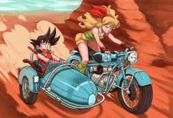  1boy blonde_hair canyon crop_top dragon_ball dragon_ball_(classic) female fingerless_gloves gloves green_eyes green_tank_top grin hairband headlight highres long_hair lunch_(bad)_(dragon_ball) lunch_(dragon_ball) midriff motor_vehicle motorcycle open_mouth photoshop_(medium) rich_s short_shorts shorts sidecar smile son_goku spiked_hair tail tank_top tire 