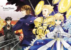  3boys armor artoria_pendragon_(fate) battle black_keys_(type-moon) blonde_hair brown_hair commentary_request emiya_kiritsugu excalibur_(fate/stay_night) fate/zero fate_(series) female flower gate_of_babylon_(fate) gauntlets gilgamesh_(fate) green_eyes gun handgun imme_111 kotomine_kirei multiple_boys photoshop_(medium) red_eyes rose saber_(fate) thompson/center_contender weapon white_flower white_rose yellow_flower yellow_rose 