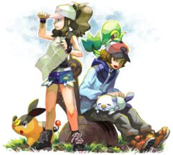  1boy bad_drawr_id bad_id bare_legs baseball_cap brown_hair denim denim_shorts female grass hat hilbert_(pokemon) hilda_(pokemon) map oekaki oshawott pokemon pokemon_(creature) pokemon_bw ponytail rock shorts sitting snivy starter_pokemon_trio tepig yapo_(mess) 