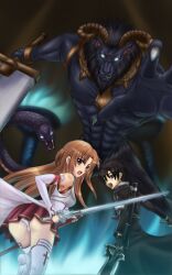  1boy absurdres animal_ears armor ass asuna_(sao) bare_shoulders battle black_hair blue_eyes blue_fire breastplate brown_eyes brown_hair claws commentary_request dark_repulser demon demon_horns detached_sleeves dress dual_wielding earrings elucidator feet_out_of_frame female fire foot_out_of_frame giant giant_monster glowing glowing_eyes highres holding holding_sheath holding_sword holding_weapon horns indoors jewelry kirito knights_of_blood_uniform_(sao) lambent_light long_hair long_sleeves miniskirt monster open_mouth panties photoshop_(medium) pleated_skirt rapier red_skirt sawwei005 sharp_teeth sheath short_hair skirt snake snake_head_tail snake_tail sword sword_art_online tail teeth the_gleam_eyes thighhighs thighs underwear unsheathed very_long_hair weapon white_dress white_footwear white_panties white_sleeves white_thighhighs zettai_ryouiki 