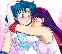  2girls bishoujo_senshi_sailor_moon blue_eyes blue_hair blush breasts commentary_request earrings elbow_gloves gloves hino_rei inner_senshi jewelry large_breasts long_hair magical_girl mizuno_ami multiple_girls pirochi purple_eyes purple_hair red_sailor_collar sailor_collar sailor_mars sailor_mercury sailor_senshi_uniform short_hair star_(symbol) tiara white_gloves yuri 