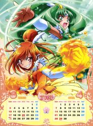  2013 2girls absurdres april blush bow calendar_(medium) cure_march cure_sunny dress fire green_eyes green_hair grin head_wings highres hino_akane_(smile_precure!) kawamura_toshie long_hair magical_girl march midorikawa_nao multiple_girls official_art orange_hair orange_skirt ponytail precure red_eyes skirt smile smile_precure tiara tri_tails wings 