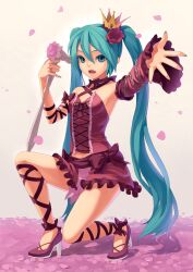  commentary crown female fkey flower hair_flower hair_ornament hatsune_miku high_heels highres long_hair microphone nail_polish outstretched_arms petals photoshop_(medium) project_diva_(series) project_diva_2nd ribbon romeo_to_cinderella_(vocaloid) rose shoes solo vintage_dress_(module) vocaloid 