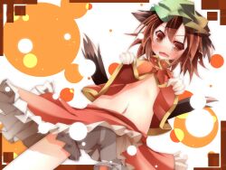  animal_ears bad_id bad_pixiv_id bloomers brown_hair cat_ears cat_tail chen daidai_ookami dutch_angle earrings fangs female hat highres jewelry multiple_tails navel open_clothes open_mouth open_shirt revision shirt short_hair skirt smile solo tail touhou underwear 