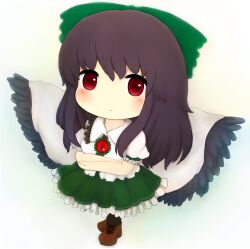  blush bow chibi commentary_request female green_bow green_skirt hairbow looking_at_viewer md5_mismatch rei_(tonbo0430) reiuji_utsuho resolution_mismatch skirt smile solo source_smaller touhou wings 