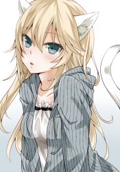  :o animal_ears aqua_eyes bad_id bad_pixiv_id blonde_hair cat_ears cat_tail collarbone commentary_request female jukuo long_hair original solo striped tail vertical_stripes 