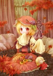  aki_minoriko aki_shizuha apple arinu autumn_leaves blonde_hair blush character_doll chestnut commentary_request female food fruit grapes hat highres looking_at_viewer mushroom persimmon pillow red_eyes short_hair sitting skirt_basket sleeves_past_wrists smile solo sweet_potato touhou wheat 