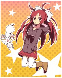  :3 alternate_costume amano_kouki boots bow commentary_request female hairbow hands_in_pockets highres kyuubee long_hair mahou_shoujo_madoka_magica mahou_shoujo_madoka_magica_(anime) mouth_hold ponytail red_eyes red_hair sakura_kyoko skirt star_(symbol) thighhighs white_legwear zettai_ryouiki 