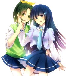  2girls akasata aoki_reika blue_eyes blue_hair blue_necktie blush commentary_request green_eyes green_hair green_sweater_vest hair_tubes long_hair midorikawa_nao multiple_girls nanairogaoka_middle_school_uniform necktie open_mouth ponytail precure school_uniform short_hair skirt sleeves_rolled_up smile smile_precure sweater_vest vest yuri 