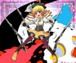  beret blonde_hair charlotte_(madoka_magica) commentary_request drill_hair female fingerless_gloves gloves gun hat magical_girl magical_musket mahou_shoujo_madoka_magica mahou_shoujo_madoka_magica_(anime) noa_(nagareboshi) oerba_yun_fang open_mouth photoshop_(medium) skirt tomoe_mami tomoe_mami_(magical_girl) twin_drills twintails weapon yellow_eyes 