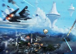  aircraft airplane alien apocalypse bad_id bad_pixiv_id battle building city cloud day destruction explosion fighter_jet jet laser mig-31 military military_vehicle missile motion_blur no_humans original pacazama science_fiction sky smoke spacecraft ufo vehicle_focus war 