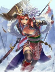  armor banner bird black_thighhighs blue_eyes braid breasts cleavage commentary_request cuboon dual_wielding falcon feather_boa feathers female fog helm helmet holding katana large_breasts md5_mismatch nobori open_mouth original photoshop_(medium) polearm red_hair scabbard sengoku_taisen sheath short_hair smile solo spear sword thighhighs weapon 