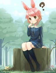  ? animal_ears black_socks blush dress female finger_to_mouth grass kneehighs mushroom no_shoes original pink_hair rabbit_ears short_hair sitting sitting_on_tree_stump socks solo tree tree_stump xiangtu yellow_eyes 