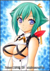  aquarion_(series) aquarion_evol artist_name blush bow breasts commentary_request female green_hair hair_ribbon large_breasts nightmare77zx purple_eyes revealing_clothes ribbon short_hair smile solo zessica_wong 