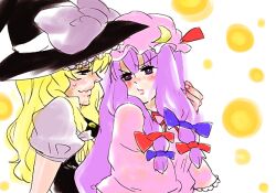  2girls annoyed bad_id bad_pixiv_id blonde_hair blush grabbing_another&#039;s_hair hair_ribbon hat kirisame_marisa looking_at_another multiple_girls patchouli_knowledge profile purple_hair ribbon sweatdrop touhou tress_ribbon witch_hat zudododo 