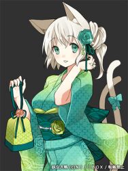  animal_ears aqua_kimono blush cat_ears cat_tail commentary_request female flower green_eyes hair_flower hair_ornament japanese_clothes kimono looking_at_viewer mami_(apsaras) multiple_tails rose simple_background smile solo tail youjo_taisen 