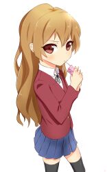  aisaka_taiga bad_id bad_pixiv_id black_ribbon black_thighhighs blazer blue_skirt brown_eyes brown_hair collared_shirt drinking_straw female highres holding jacket juice_box light_blush long_hair long_sleeves looking_at_viewer neck_ribbon pleated_skirt red_jacket ribbon school_uniform shirt simple_background skirt solo thighhighs toradora! white_background white_shirt yoshiwa_tomo 