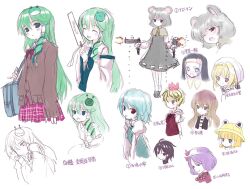  6+girls animal_ears bad_id bad_pixiv_id bag black_hair blonde_hair blue_eyes brown_eyes brown_hair capelet cardcaptor_sakura closed_eyes cosplay detached_sleeves dress frog_hair_ornament green_hair grey_dress grey_hair gun hair_ornament hat heterochromia hijiri_byakuren houjuu_nue jitome juliet_sleeves kiira kindergarten_uniform kinomoto_sakura kinomoto_sakura_(cosplay) kochiya_sanae kumoi_ichirin long_hair long_sleeves mouse_ears multiple_girls murasa_minamitsu nazrin neckerchief nun object_on_head oerba_yun_fang one_eye_closed open_mouth panties panties_on_head photoshop_(medium) puffy_sleeves purple_eyes purple_hair school_uniform short_hair shoulder_bag smile snake submachine_gun tatara_kogasa tongue tongue_out toramaru_shou touhou translated underwear vest weapon yasaka_kanako 