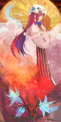  bad_id bad_pixiv_id capelet closed_eyes dress female flower hair_ribbon hat kyer long_hair patchouli_knowledge photoshop_(medium) purple_hair ribbon solo spell_card touhou 