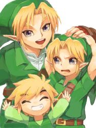  3boys blonde_hair blue_eyes commentary_request earrings gloves jewelry karatou link male_focus multiple_boys multiple_persona pointy_ears smile the_legend_of_zelda the_legend_of_zelda:_ocarina_of_time the_legend_of_zelda:_the_wind_waker toon_link young_link 