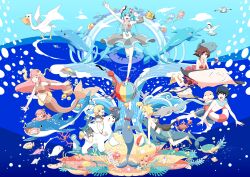  2boys 4girls animal aqua_eyes aqua_hair ball beachball bear bird blonde_hair blue_eyes blue_hair bracelet brown_eyes brown_hair chamooi clam commentary_request coral coral_reef crab crustacean dolphin eel fish flippers flying_fish hat hatsune_miku highres innertube jellyfish jewelry kagamine_len kagamine_rin kaito_(vocaloid) long_hair looking_at_viewer megurine_luka meiko_(vocaloid) mermaid monster_girl multiple_boys multiple_girls octopus open_mouth pelican penguin photoshop_(medium) piano_keys polar_bear sailor_hat seagull seahorse seal_(animal) shark short_hair shrimp skirt smile squid stingray sunfish swim_ring takoluka turtle twintails umbrella very_long_hair vocaloid walrus water whale_shark 