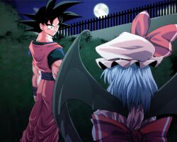  1boy bat_wings black_eyes black_hair blue_hair commentary_request crossover dragon_ball dragon_ball_z female from_behind full_moon hat kamishima_kanon moon night remilia_scarlet short_hair smile son_goku touhou wings 