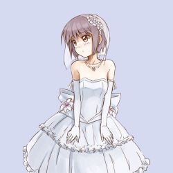  bad_link bare_shoulders blush bridal_veil dress elbow_gloves female frills gloves imageboard_colors jewelry nagato_yuki necklace pas_(paxiti) pearl_necklace purple_hair short_hair simple_background solo strapless strapless_dress suzumiya_haruhi_no_yuuutsu veil wedding_dress white_dress white_gloves yellow_eyes 