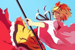  animal_print bishamonten&#039;s_spear blonde_hair blue_background commentary_request female hair_ornament kotaro-nosuke polearm short_hair simple_background smile solo spear tiger_print toramaru_shou touhou weapon wide_sleeves yellow_eyes 