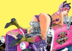  animal_ears bikini boots car cat_ears cat_tail checkered_flag commentary_request crown engine feline female flag flame_print goggles katouken_(ktn-works) long_hair motor_vehicle multicolored_hair on_vehicle original photoshop_(medium) pink_hair purple_eyes red_hair solo spark_plug straddling swimsuit tail twintails two-tone_hair 